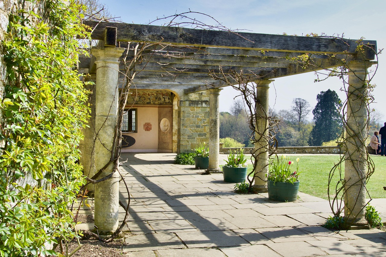 Pergolato coperto di piante rampicanti fiorite, ideale per ombra e decorazione esterna.